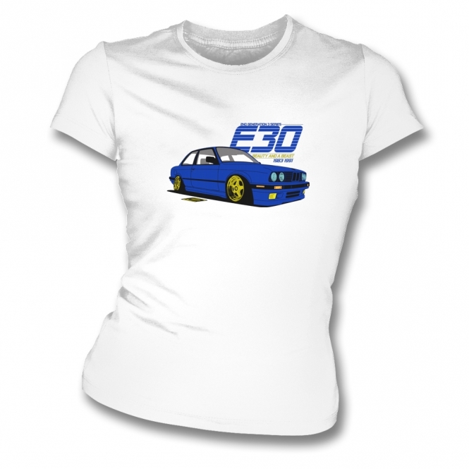 BMW E30 "Beauty And A Beast" (Blue Car) Womens Slim Fit T-Shirt