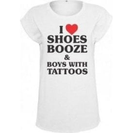I Heart Shoes, Booze & Boys With Tattoos Womens Extended Shoulder T-Shirt