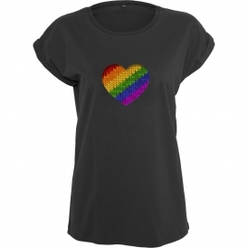 Knitted Rainbow Heart Womens Extended Shoulder T-Shirt